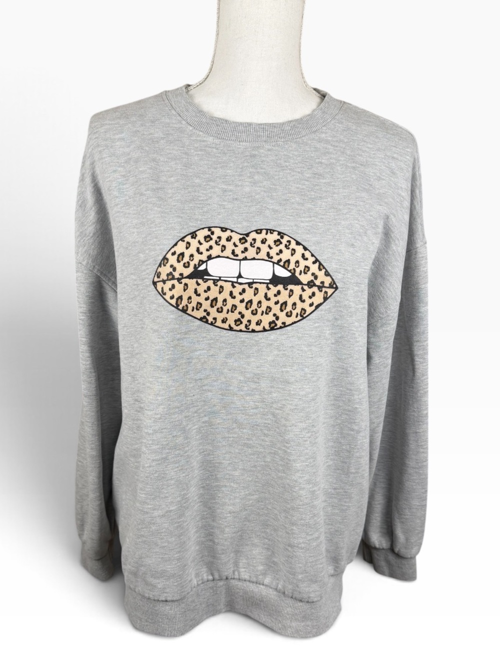 EUC Grey Graphic Sweatshirt with Leopard Print Lips.